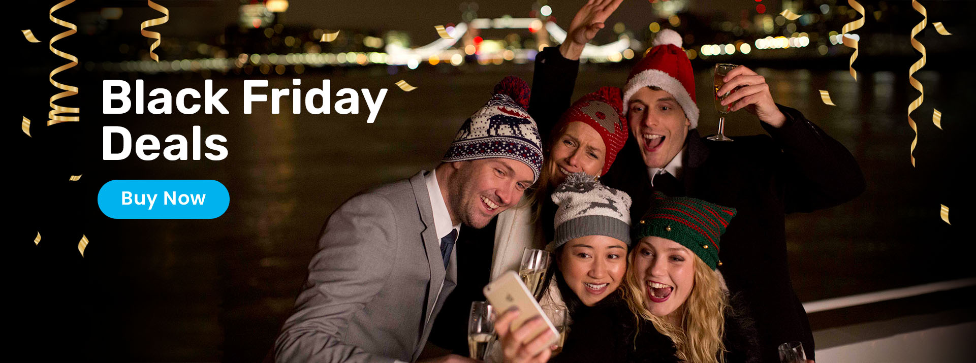 2021_308000_CC_UK_WEB-Holiday Sliders Sales Artwork-BlackFriday-London-Final London Black Friday Deals promo text with people taking wearing Christmas hats.