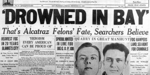 Avisoverskrift om flugten fra Alcatraz i 1957