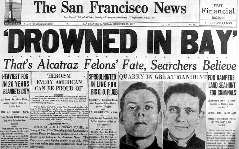 Manchete de jornal para a fuga de Alcatraz de 1957