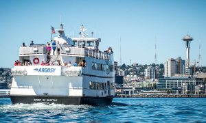 Cruzeiro no Porto de Seattle com a linha do horizonte em fundo