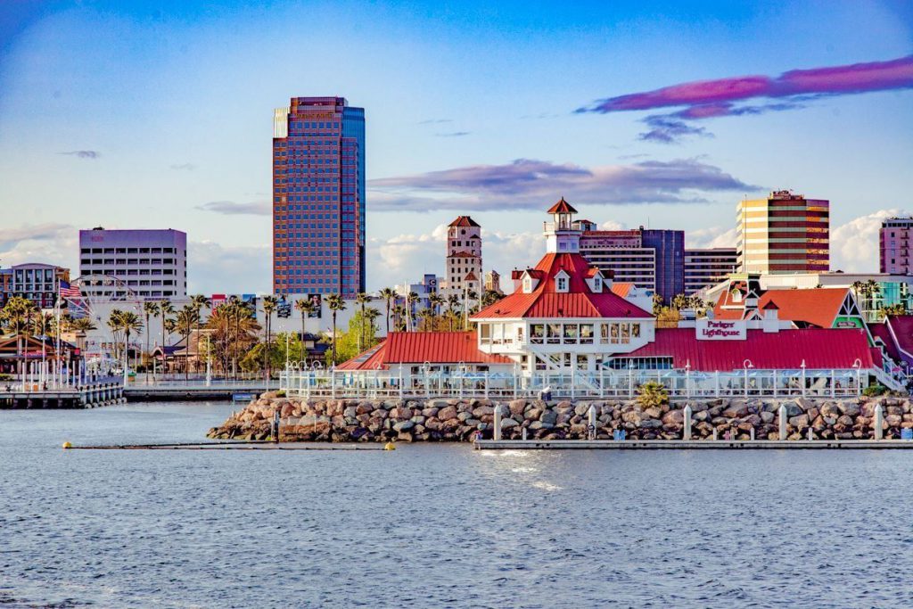 long beach hotel and buildings with skyline on water
