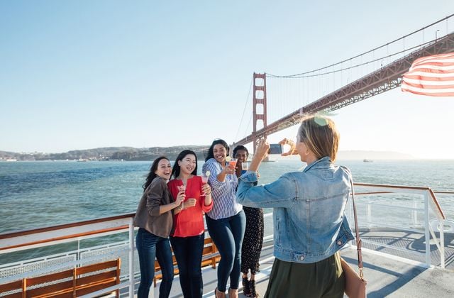 Woman taking a picture of four women with Golden Gate Bridge in background.