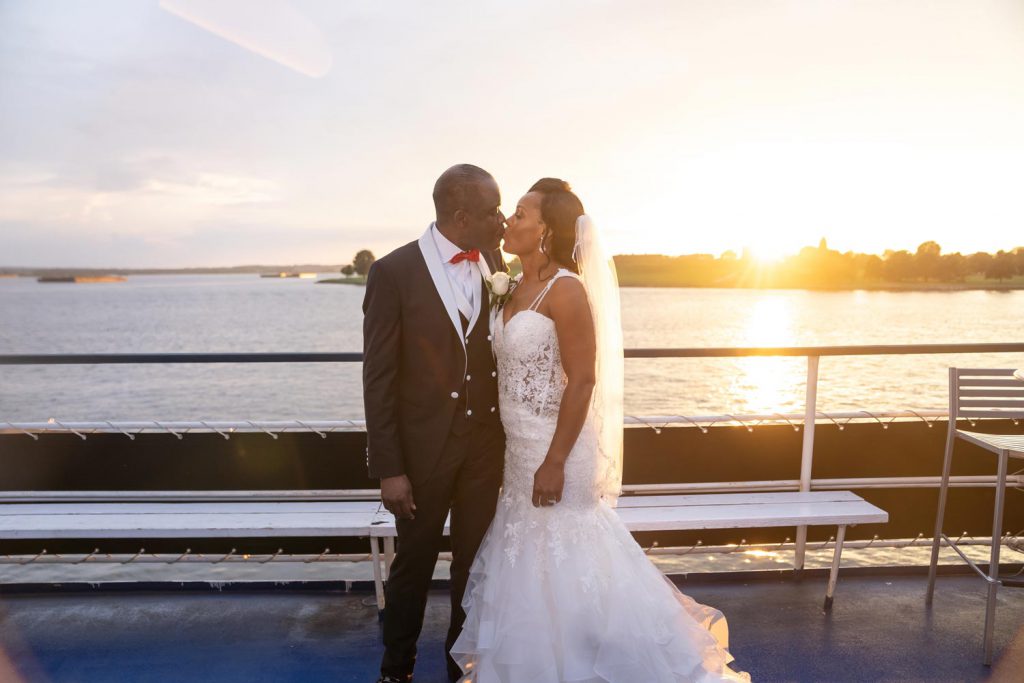 Bride and groom in the sunset