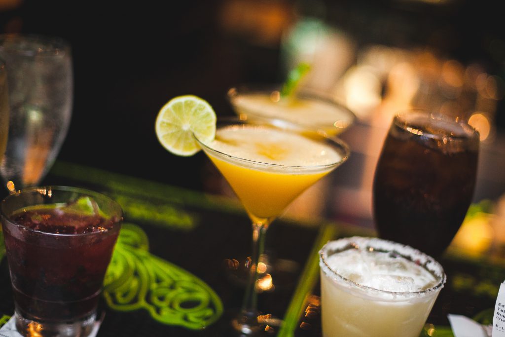 Drinks on the bar top.