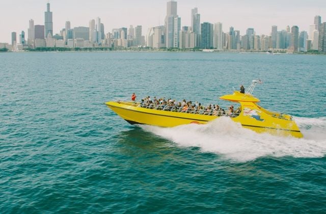 Seadog speedboat Chicago skyline in background