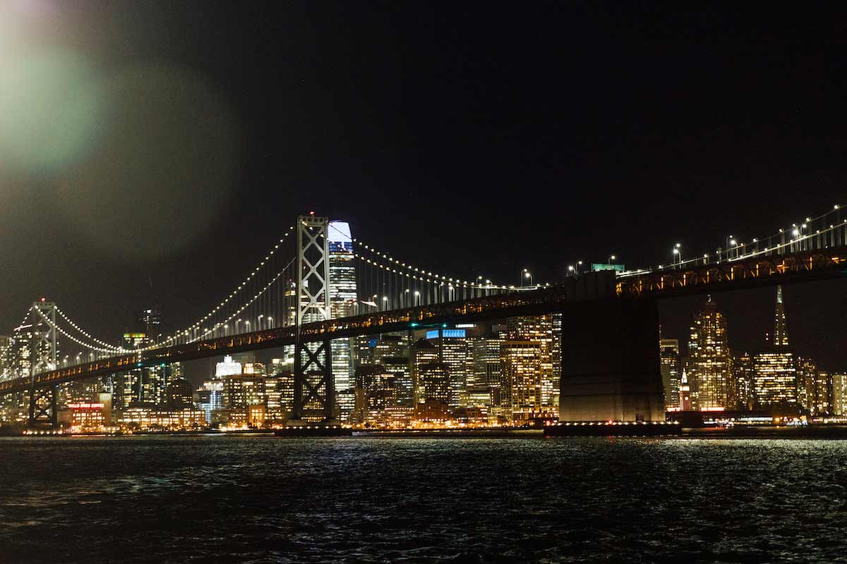 San Francisco-Oakland Bay Bridge at night.