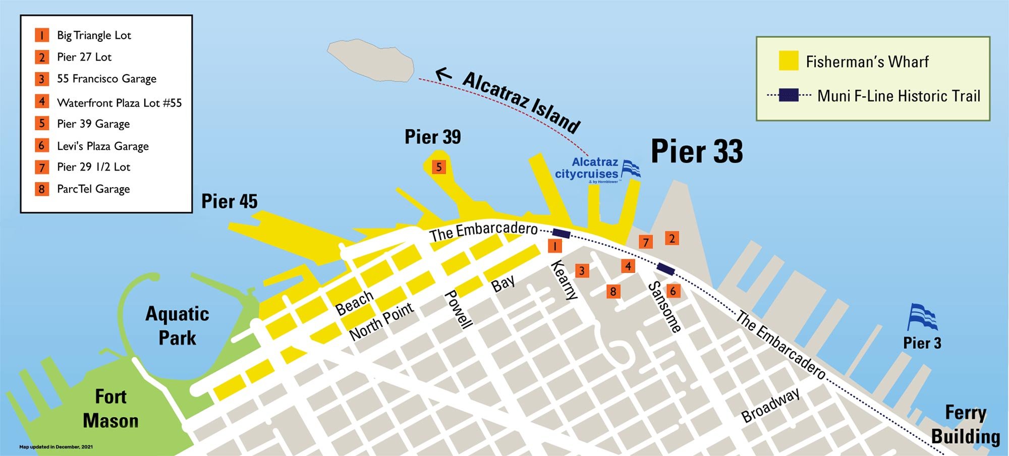 Kort over parkeringspladserne på Alcatraz City Cruises.
