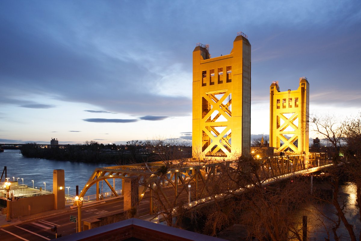 Sacramento River bridge at night.