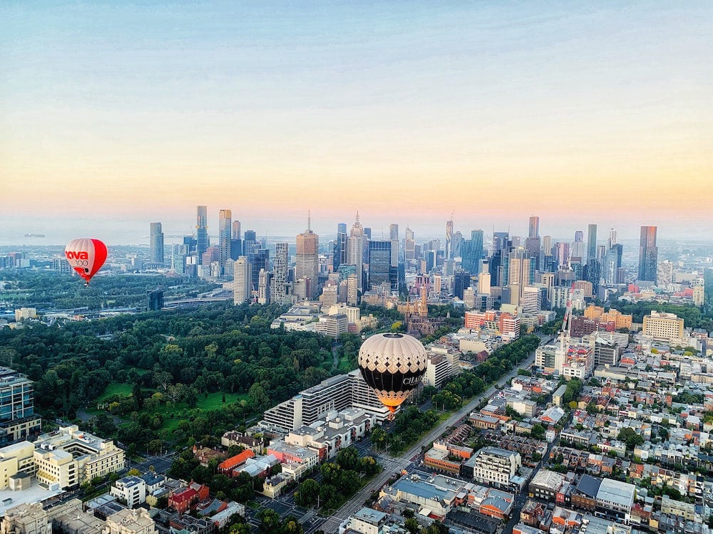 Melbourne Australia Skyline with hot air balloons