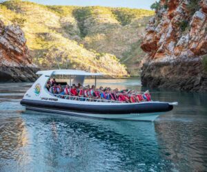 Boat between a river canyon Derby Australia