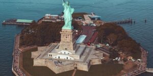 Statue of Liberty with view of Liberty Island