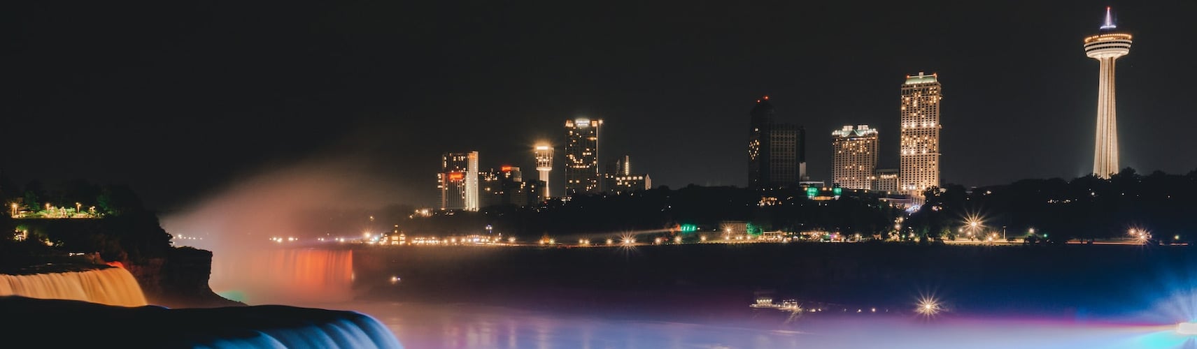 Niagara Falls at night with city skyline in background