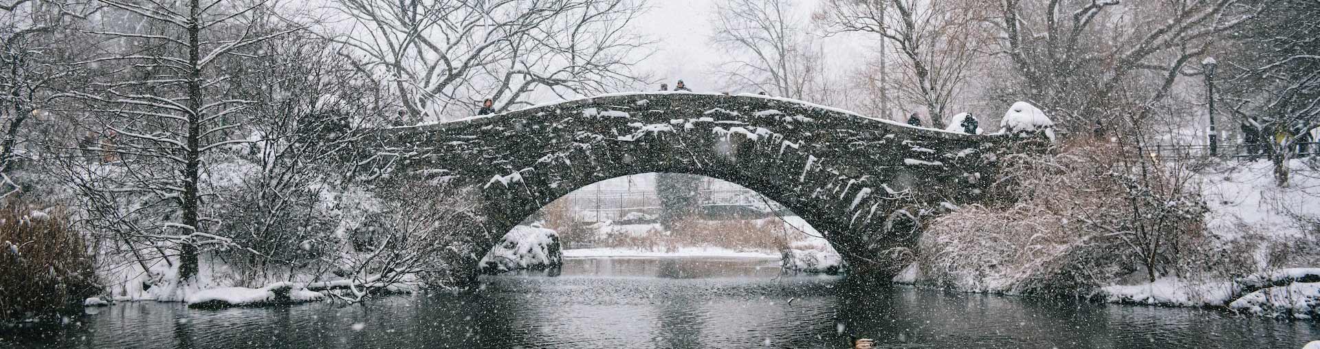 Central Park New York City snowing with stone bridge in background