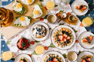Colorful display of breakfast foods