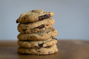 Chocolate chip cookies stacked