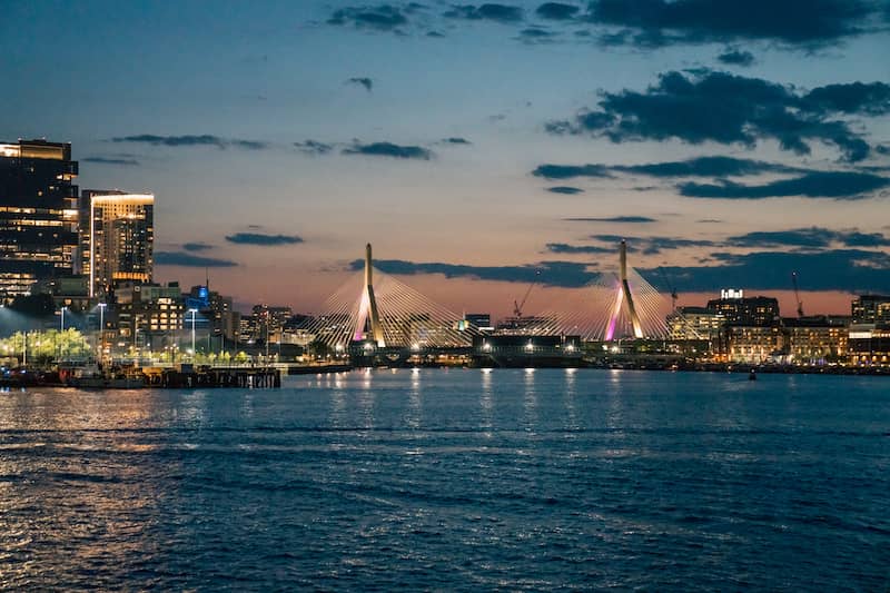 Boston at sunset over looking Bunker Hill Memorial Bridge