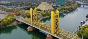 The gold color Tower Bridge in Sacramento