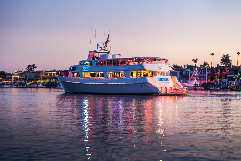 Yacht in Newport Beach with Holiday Lights