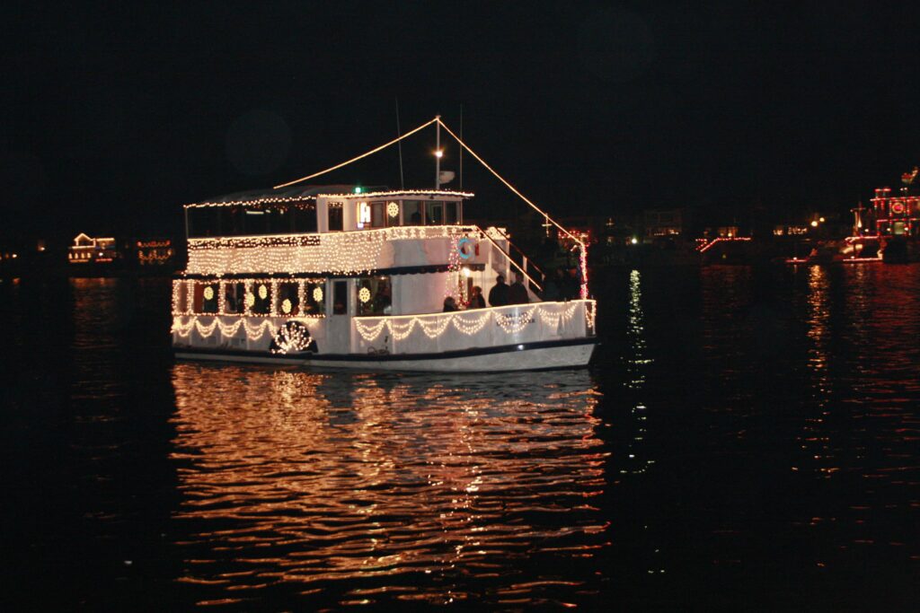 Yacht in Newport Beach with Holiday Lights