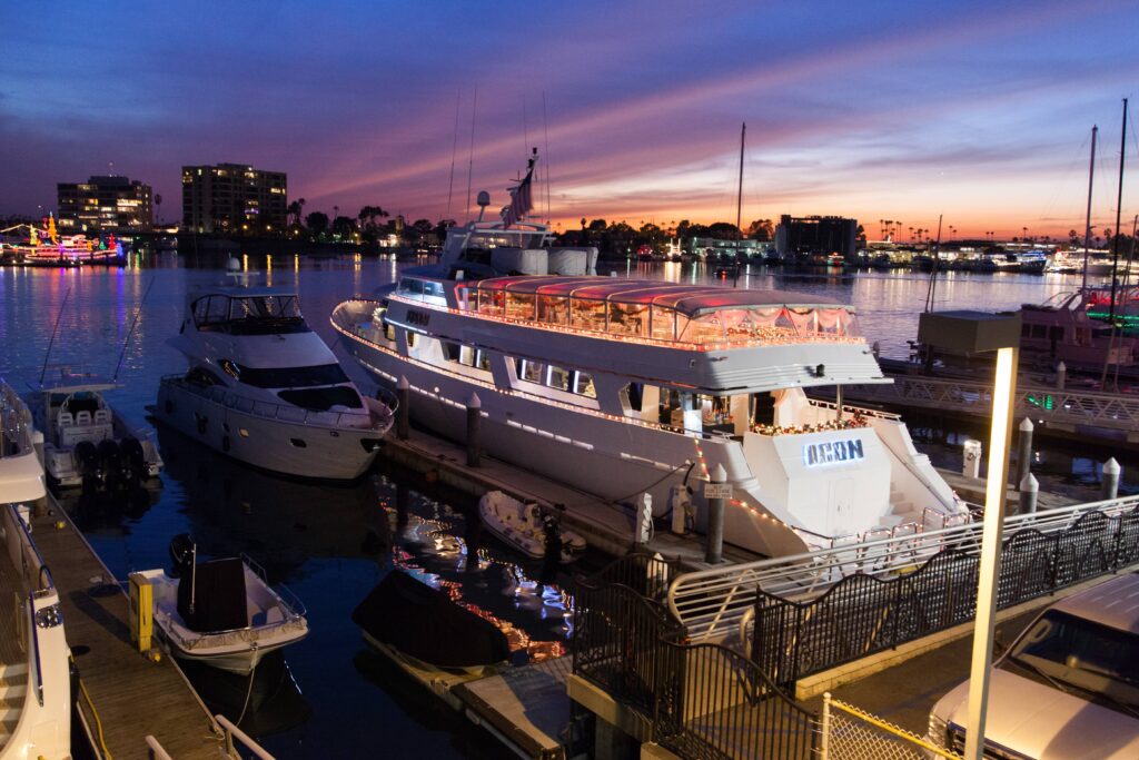 Yacht in Newport Beach with Holiday Lights