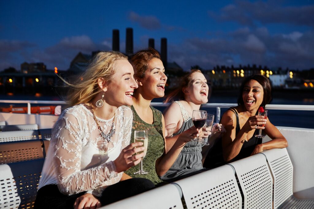 london group of women and skyline views with drinks