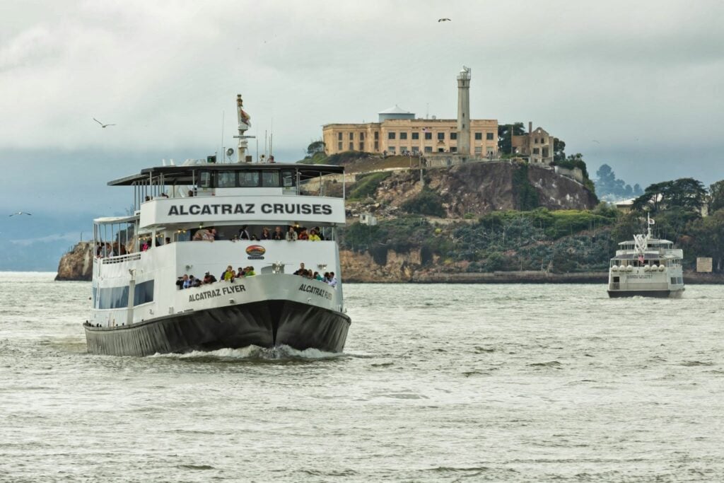 alcatraz ferry with island in background