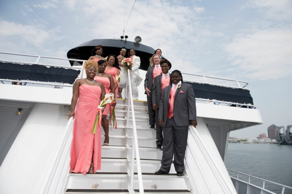 baltimore wedding party posing on boat