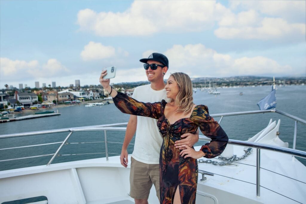 Couple on City Cruises vessel in Newport Beach for a wedding-related event