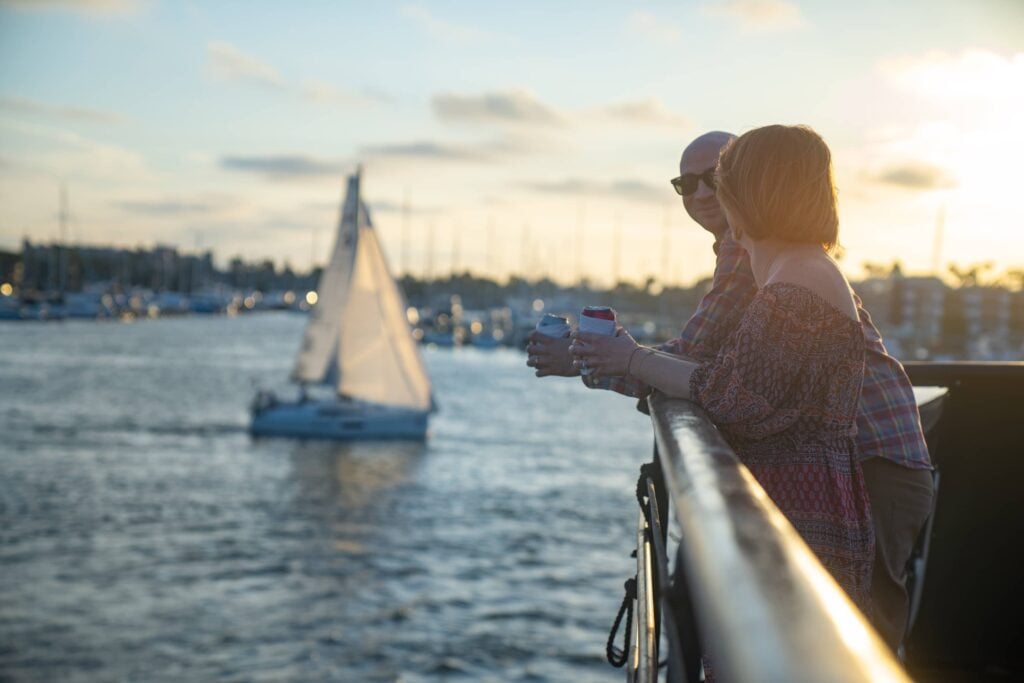 Couple celebrating their rehearsal dinner onboard City Cruises in Los Angeles