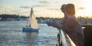 Couple celebrating their rehearsal dinner onboard City Cruises in Los Angeles