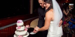 Couple celebrating their wedding in Los Angeles onboard City Cruises