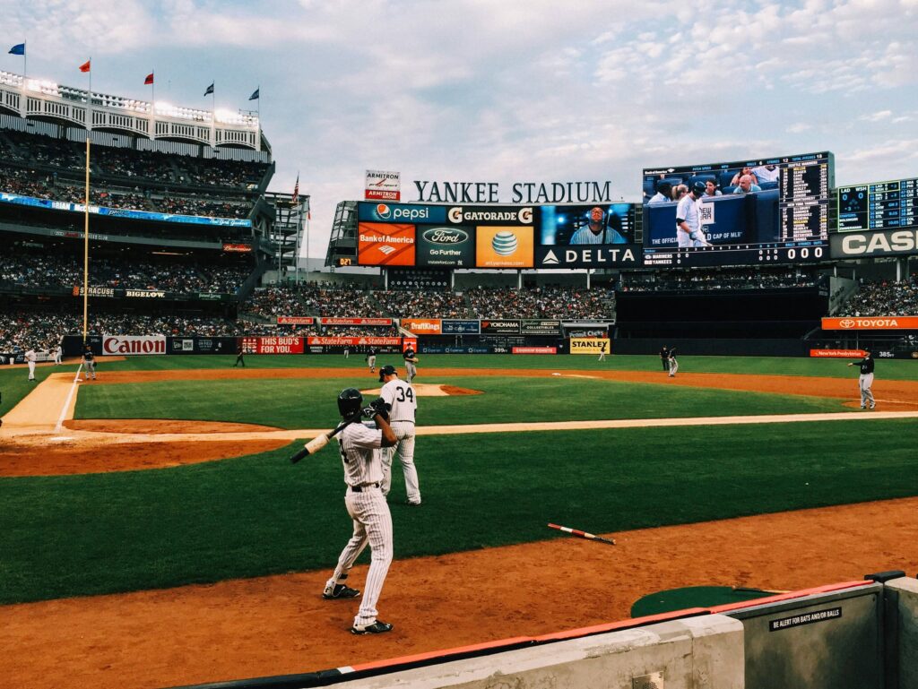 Baseball players in Yankee Stadium in New York City