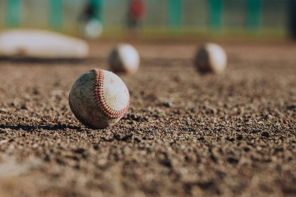 Baseballs on a baseball field