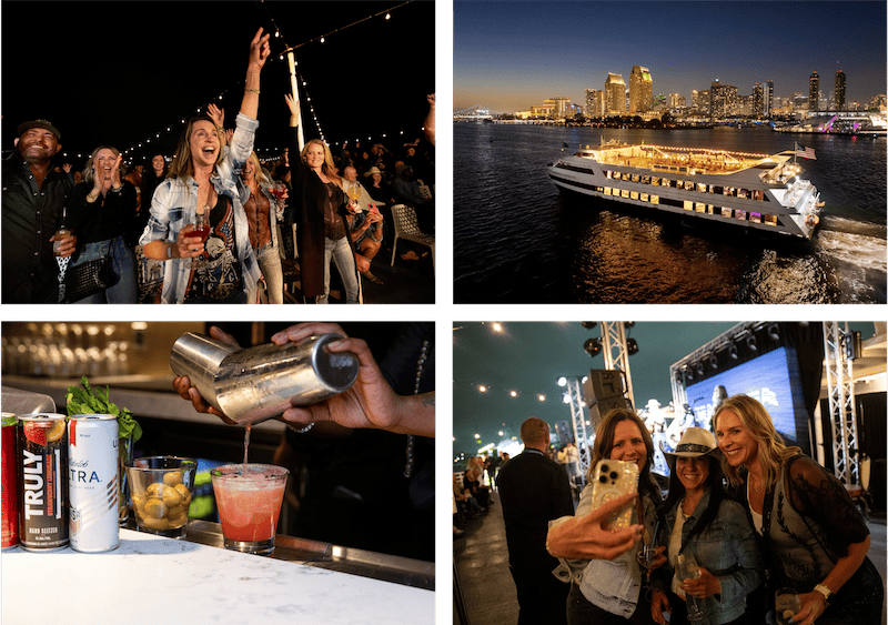 Four images in a grid highlighting a concert on a boat